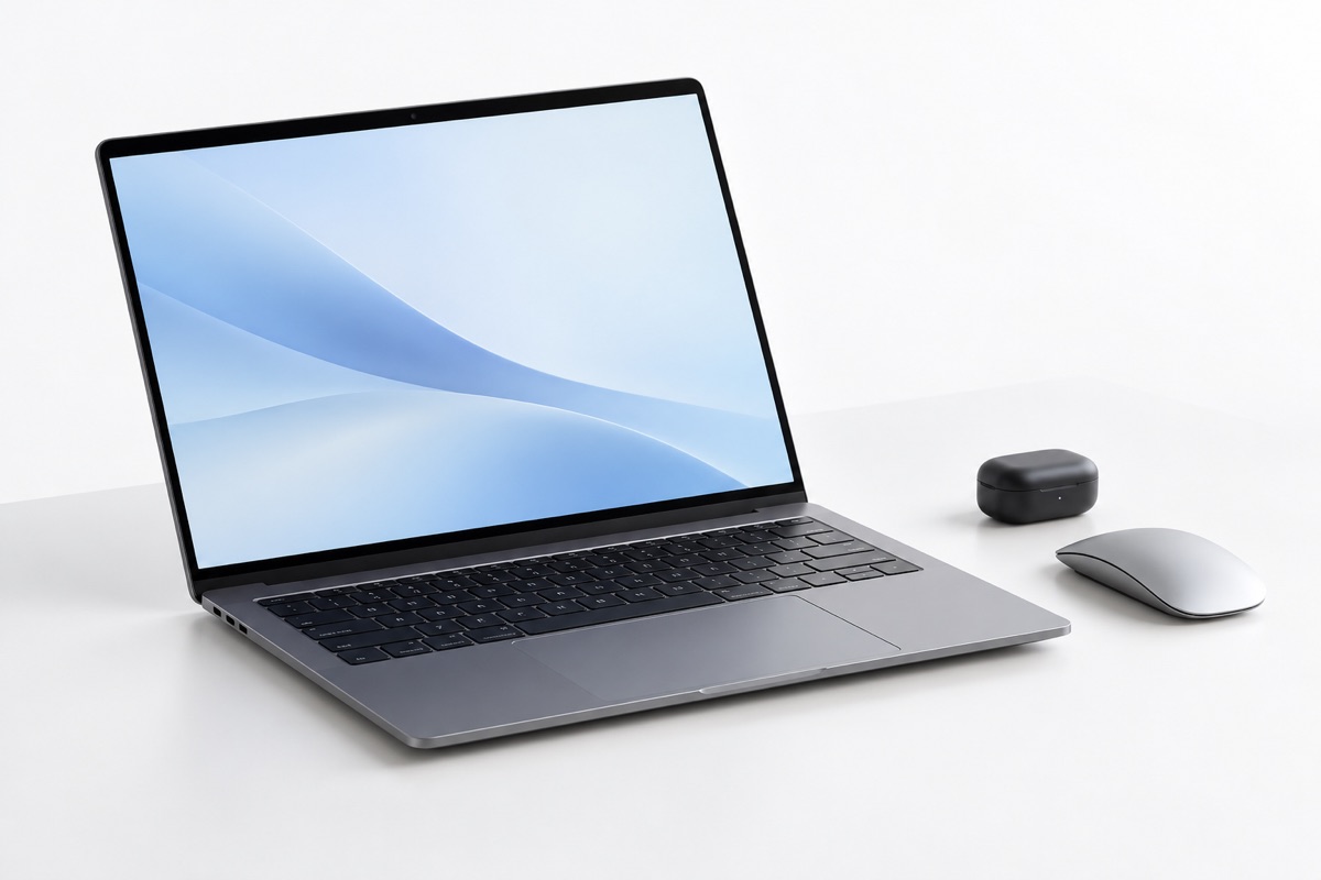 A modern graphite laptop with a wireless mouse and earbuds in a clean studio setting